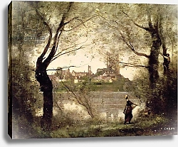 Постер Коро Жан (Jean-Baptiste Corot) View of the Town and Cathedral of Mantes Through the Trees, Evening