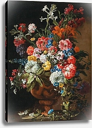 Постер Брейгель Абрахам Carnations, lillies, nigellas and other flowers in a decorative terracotta vase on a stone ledge
