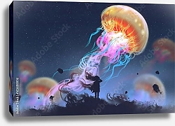Постер Силуэт девочки и гигантские медузы в небе