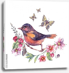 Постер Акварельный птенчик на цветущей ветке