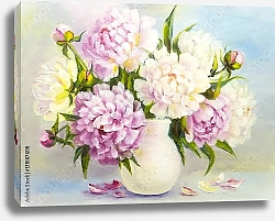 Постер Розовые и белые цветы пионов в белой вазе