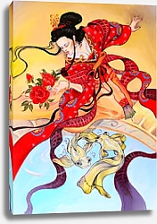 Постер Японская гейша женщина в красном кимоно