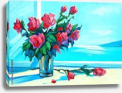 Постер Свежие розы на подоконнике и бирюзовое море
