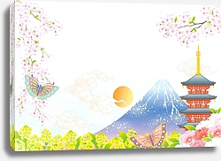 Постер Японский пейзаж с горой и цветущей вишней