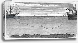 Постер Неизвестен Installation of the trasatlantic electric cable intended to connect Europe to America in 1865. Buoy system used to keep the electrical cable from breaking during installation. The vessel in charge of the operation was the Great Eastern. Engraving from 186