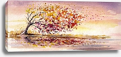 Постер Осеннее дерево на ветру. Акварель