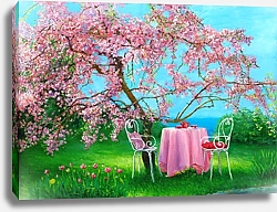 Постер Цветущие сливы в саду весной