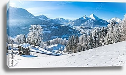 Постер Швейцария. Зимняя альпийская панорама с шале