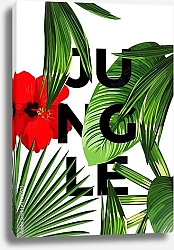 Постер Тропический набор экзотических пальмовых листьев и цветок гибискуса 
