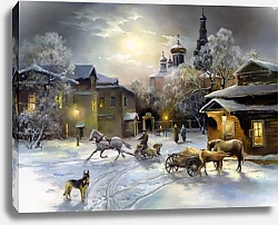 Постер Сельский зимний пейзаж с санями