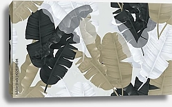 Постер Черные, коричневые и белые листья банана на светло-сером фоне