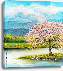 Постер Цветущее розовое дерево на озере
