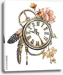 Постер Стимпанк часовой механизм с цветами и перьями