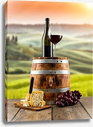 Постер Красное вино на деревянной бочке, на фоне виноградника