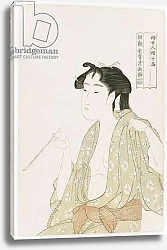 Постер Утамаро Китагава Half length portrait of a woman smoking, holding a pipe and exhaling a cloud of smoke, c.1792