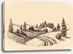 Постер Ферма с тракторм на поле