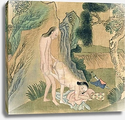 Постер Школа: Китайская 19в. Erotic depiction of lovers in the 'Wheelbarrow' position, from a series depicting the lives of Mongol Horsemen, Tao-kuang period, c.1850,