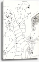 Постер Мескита Сэмюэль Twee figuren tegenover de kop van een dier dat hooi eet uit een kom