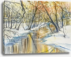 Постер Река в зимнем лесу во время заката.