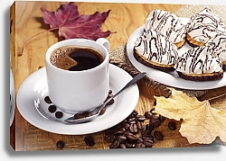 Постер Кофе с зефиром и осенними листьями