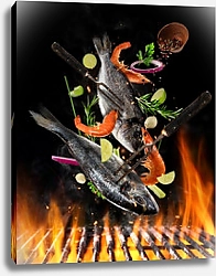 Постер Летающая сырая рыба и креветки над огнем