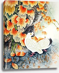 Постер Китайская птица в осенних листьях