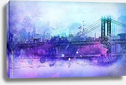 Постер Живописный вид на Манхэттенский мост и реку в Нью-Йорке