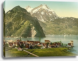 Постер Швейцария. Город Штанстад и гора Пилатус
