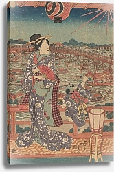Постер Утагава Кунисада Woman and Child in Purple Kimono Overlooking Boats and Bridge