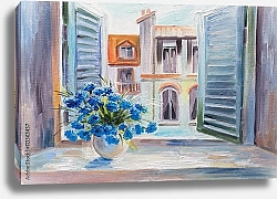 Постер Голубые цветы на окне с раскрытыми ставнями