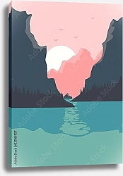 Постер Пейзаж с восходом солнца над озером и горами