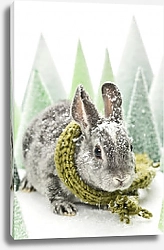 Постер Кролик в шарфе среди игрушечных елочек