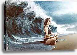 Постер Женщина медитирует перед большой волной