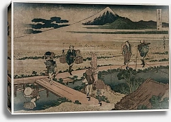 Постер Хокусай Кацушика A View of Mount Fuji and Travellers by a Bridge