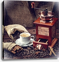 Постер Кофемолка с чашкой кофе и зёрнами