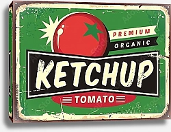 Постер Кетчуп, ретро постер с сочным помидором на зеленом фоне