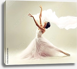Постер Молодая грациозная балерина, одетая в профессиональный костюм, обувь и белую невесомую юбку, демонстрирует танцевальное мастерство