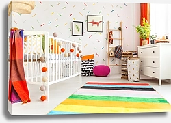 Постер Интерьер детской комнаты с яркими цветными обоями и аксессуарами