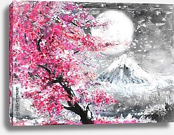 Постер Японский пейзаж с сакурой и горой