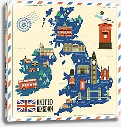 Постер Великобритания, карта с достопримечательностями