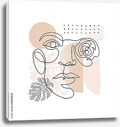 Постер Женское лицо одной линией с тропическими листьями и цветком 2