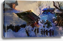 Постер Деревенская картина в зимний вечер