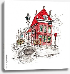 Постер Красный дом у моста, Голландия, Нидерланды, набросок