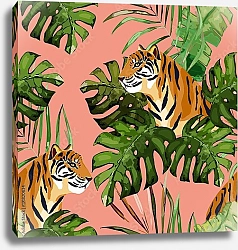Постер Тропический узор с тигром и пальмовыми листьями