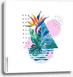Постер Абстрактные летние геометрические элементы с экзотическим цветком и листьями 1