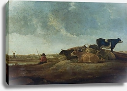 Постер Неизвестен Пастух с семью коровами у реки