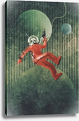 Постер Космонавт в красном костюме держит пистолет на фоне планеты Земля