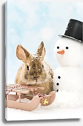 Постер Кролик с игрушечными санками и снеговиком