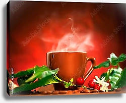 Постер Чашка дымящегося кофе с настоящими кофейными ягодами и цветами