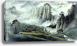 Постер Китайский пейзаж с туманным водопадом и горами